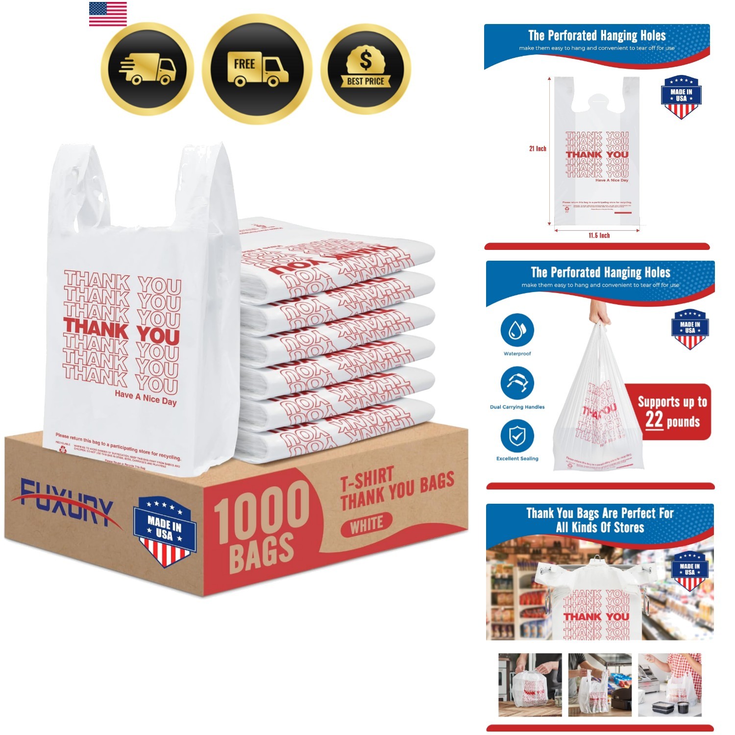 1000 Count Thank You Plastic Bags 11.5" x 6.5" x 21" White, T-shirt, Grocery,...