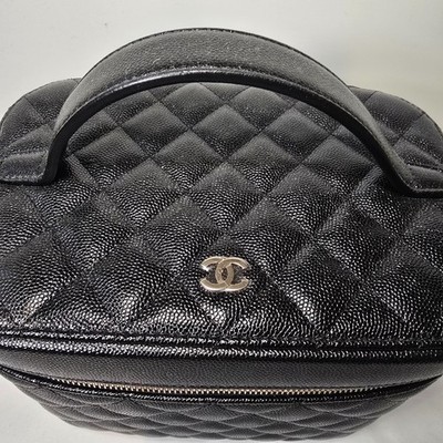 Chanel Black Leather Top Handle Toiletry Vanity Travel Train Case