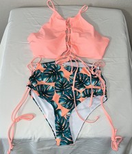 Tropical Summer 2 piece Bathing Swim Suit for women 2XL NWOT Peach/Green Leaf