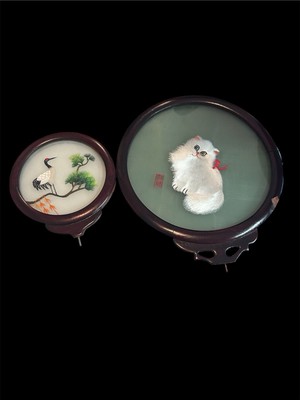 Vintage Set 2 Chinese Silk Embroidered Cat Bird Two Sided Glass Grannycore  READ