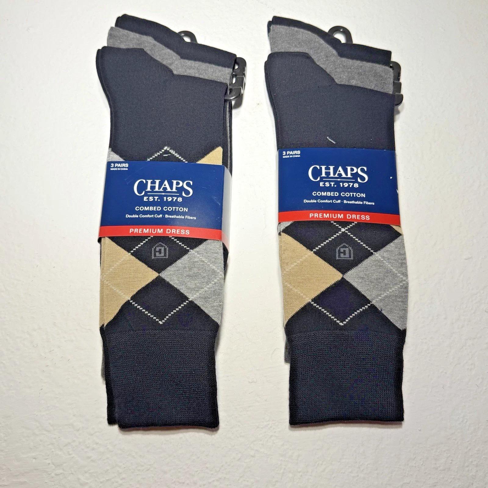 Chaps Men’s Premium Combed Cotton Dress Socks 6 Pairs Black Beige Gry Argyle NWT