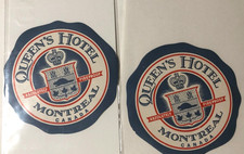 Two Original Vintage QUEEN'S HOTEL Luggage Label / Sticker Montreal CANADA