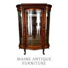 Antique Victorian Oak Serpentine Glass China Cabinet 1890s #22488