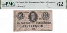 T-72 1864 $0.50 Confederate CSA Note Jefferson Davis PMG UNC 62 Civil War Money