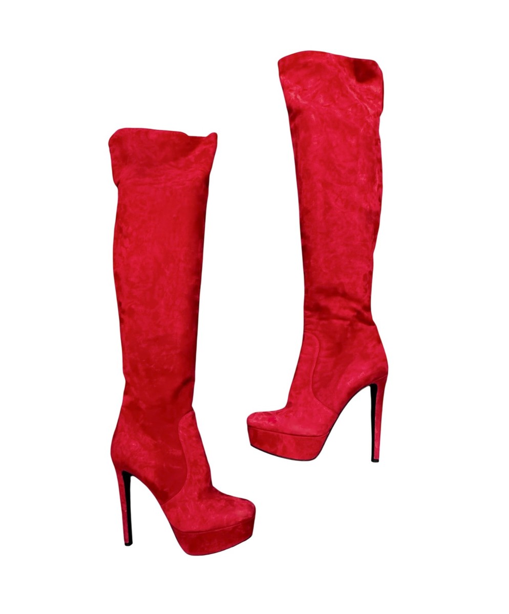 Prada Red Suede Over The Knee Thigh High Platform Heels Boots Size