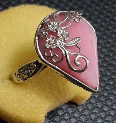 Pink pear shape gemstone cocktail ring, silverton, floral scrollwork design SZ 7