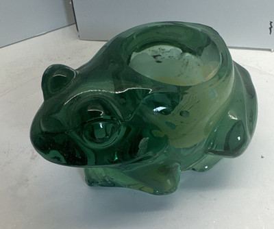 CANDLE HOLDER - BLOWN GREEN GLASS FROG - 1.10 LBS - OVER 3 1/2'' LONG - USED