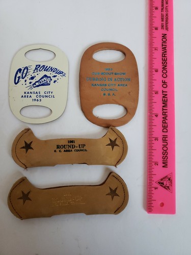 Lot Vintage Boy Scouts of America KC Area Round Up Leather Neckerchief Slides - Picture 2 of 7