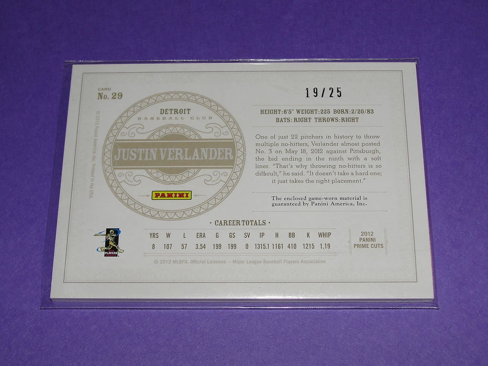 2012 Prime Cuts JUSTIN VERLANDER Game Worn Jersey/25 Detroit TIGERS Old Dominion - Image 2 of 2