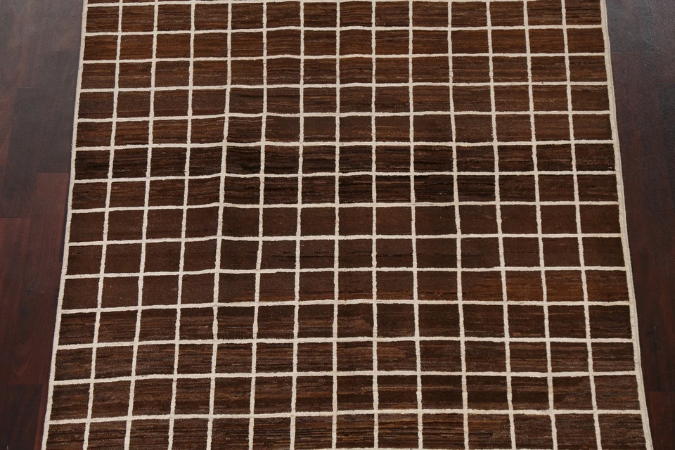 Alfombra oriental Gabbeh a cuadros marrón oscuro alfombra de vestíbulo de lana anudada a mano 5x7 Foto 3 de 4