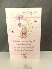 Second Nature Premium New Baby Girl Greeting Card – Adorable Bunny & Moon Design