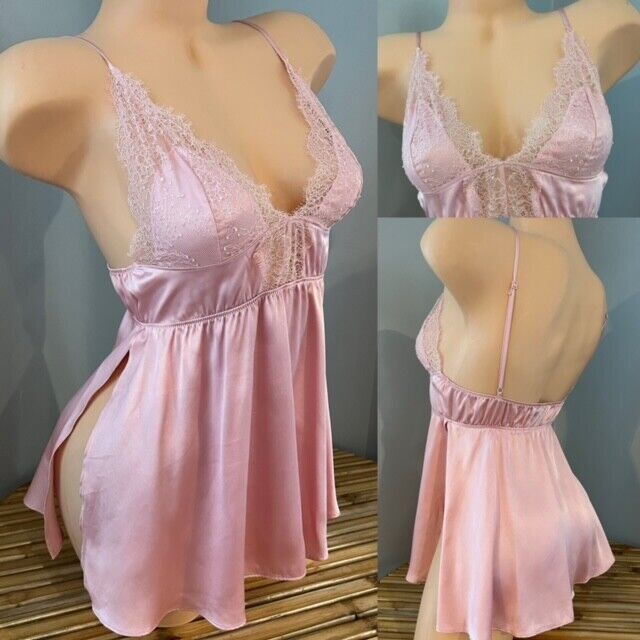 VICTORIAS SECRET PINK SATIN BABY DOLL LINGERIE TEDDY CAMISOLE TO