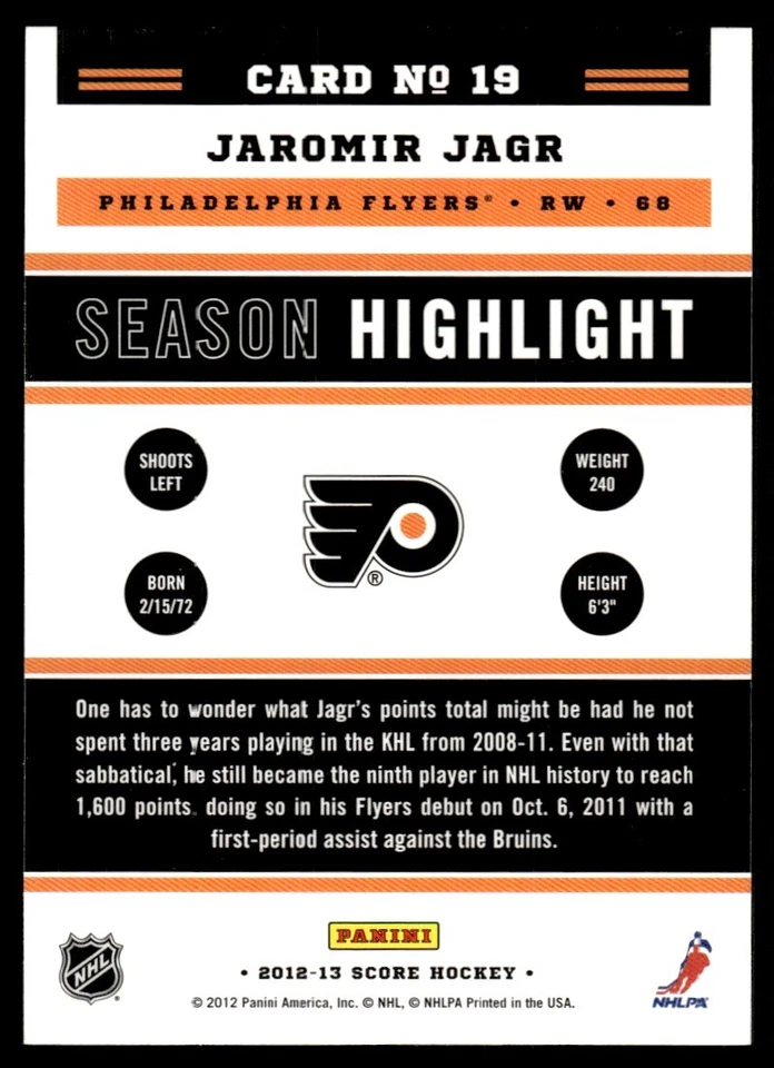 2012-13 Score Jaromir Jagr Philadelphia Flyers #19 - Image 2 of 2