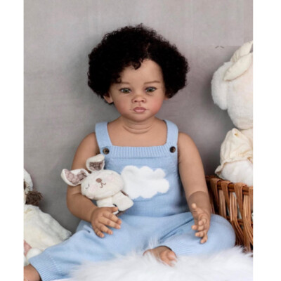 Painted Reborn Baby Doll 30in Cuddly Toddler Girl Black Curly Hair Handmade Gift