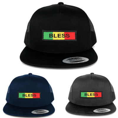 5 Panel Bless Green Yellow Red Embroidered Iron on Patch Flat Bill Mesh Snapback