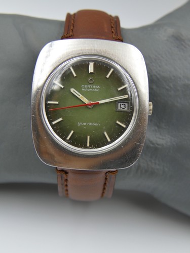 70's vintage watch mens Certina blue ribbon green dial rare big case steel 38mm - Picture 11 of 23