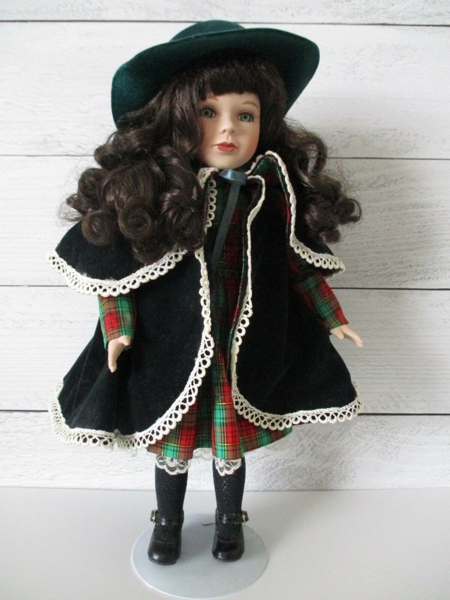 Vintage Albert E. Price Porcelain Doll in Green Velvet Dress Winter  Brunette HTF
