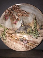 Vintage 1980 Byron Molds Country Winter Farmhouse Scene Ceramic Wall Hanger