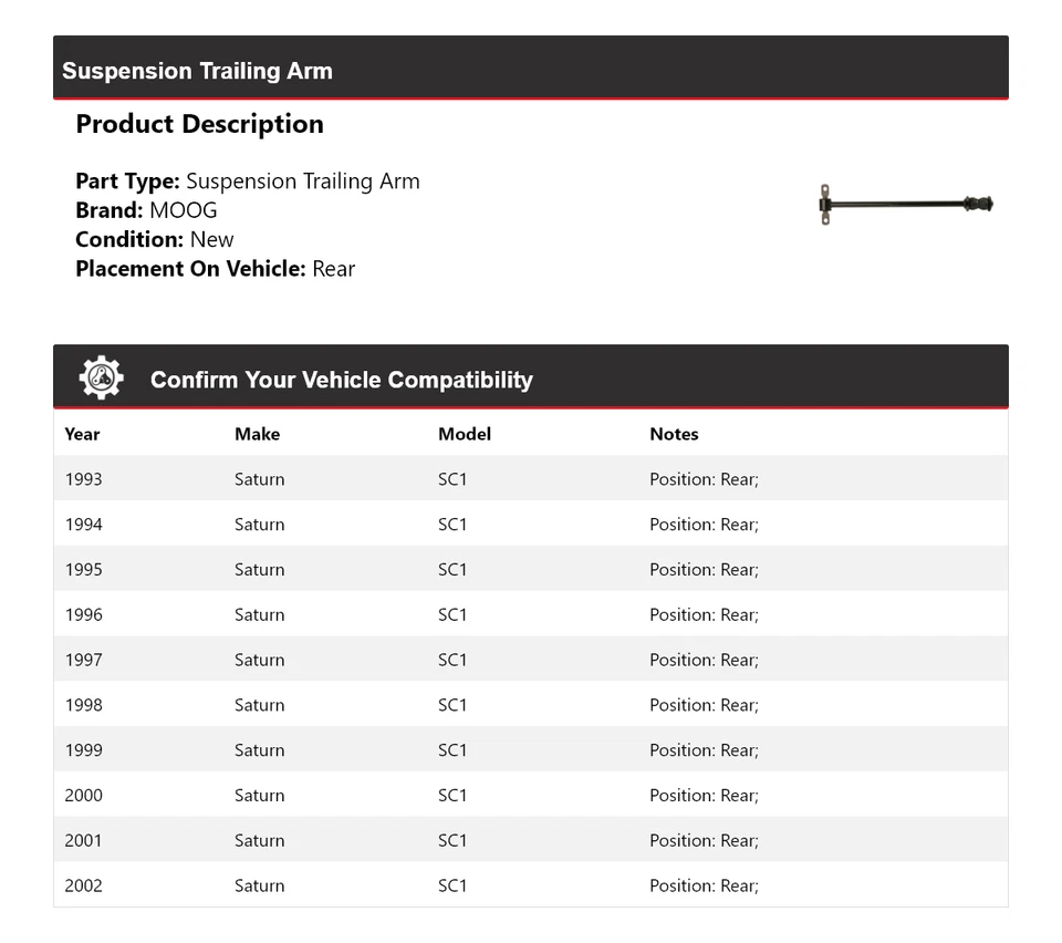 Brazo de suspensión trasero para Saturn SC1 1993-2002 MOOG 1993 1994 1995 1996 Foto 2 de 4