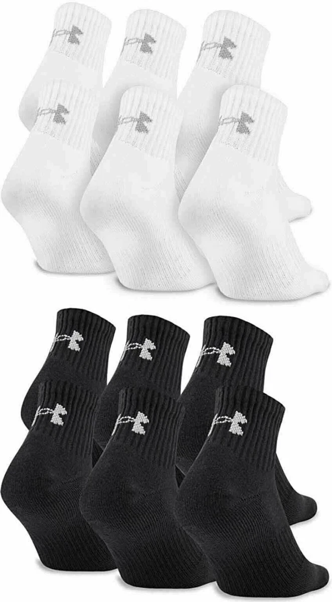 3 Pair Mens Under Armour Charged Cotton 2.0 Quarter Crew Socks Black White