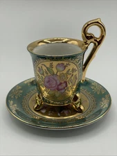 Porcelain KPM Footed Tea Cup and Saucer Floral -Turq /Blue  Gold Trim - Japan
