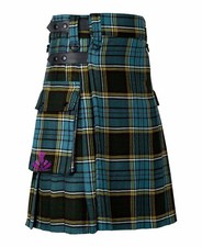 Traditional Scottish Tartan Utility Kilt For Men Leather Strap Cargo Pockets