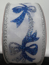 Hobby Lobby Christmas Ribbon Blue  Silver Sparkle Bow, Wired Edged 1.5" X 30 Ft