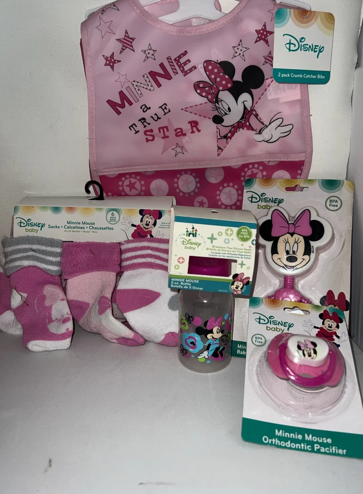 Disney's Minnie Mouse Baby Bundle,Pacifier &6 Pack Socks 5oz Bottle,2 Bibs,Etc..