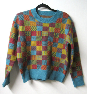 Knit Mix Sweater Size Large Multi Checkered Crew-Neck Ribbed Cuff & Hem Pullover