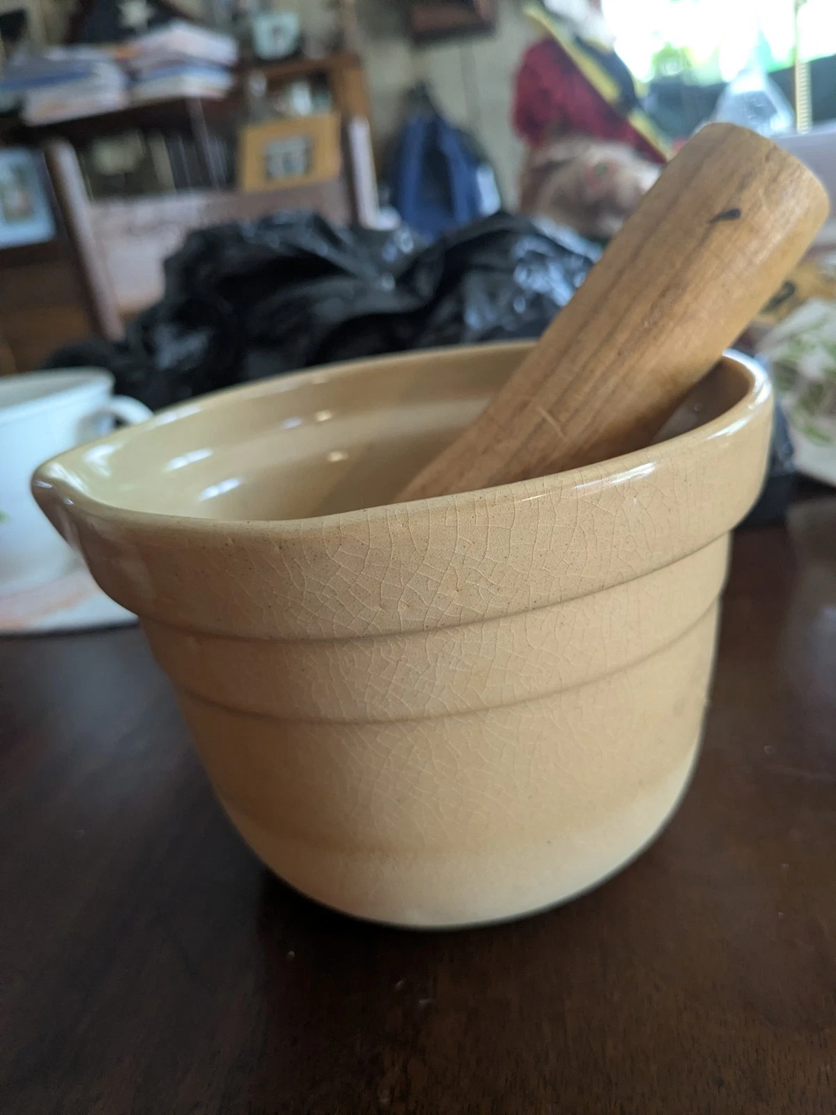 Antique Large Stoneware Mortar And Pestle made in England