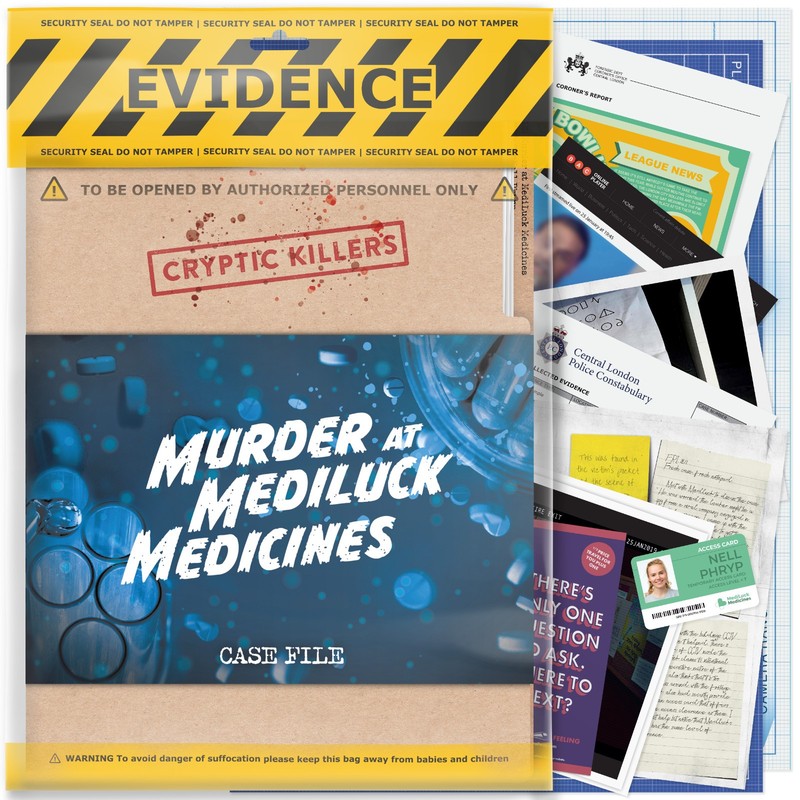 Cryptic Killers Unsolved mystery game - Murder at Mediluck Medicines