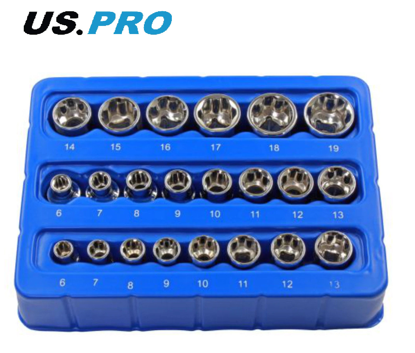 US PRO Shallow Socket Set Super Lock 22pc 1/4"" & 3/8"" 6-13mm 6-19mm 1398