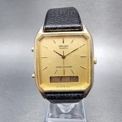 Seiko Analog Digital 29mm Gold Dial Gold Tone Alarm Chrono H601