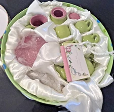 Dalton Children’s Ceramic Tea Set in Hatbox Case 11" Round Green Pink NIB