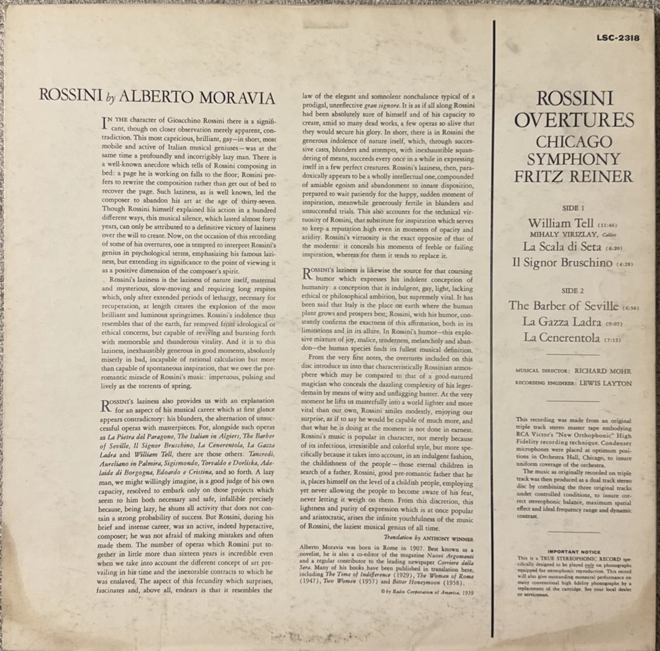 Rossini Overtures-CSO/Reiner-RCA LSC2318-Редкая - Изображение 2 из 4