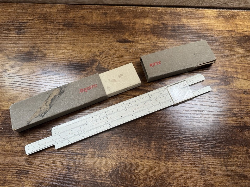 A pre-digital German precision instrument — this boxed Aristo Rietz slide rule is the analog calculator engineers used before silicon existed, and it still works.