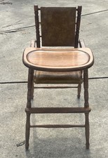 Vintage Antique Wooden Baby High Chair Table Collapsible With Metal Hand Rails