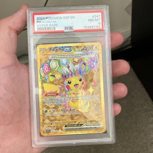 Pokémon 2024 TCG Sv08 Surging Sparks Pikachu ex 247/191 Hyper Rare Holo PSA 8