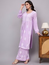 Women's Rayon Chikankari Kurta Palazzo Set Lavender, Hand Embroidered, Ethnic