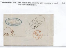 Stampless: 1846 John B. Lasala & Co Fwd Agent H/S on Transit cvr  ... (63318)