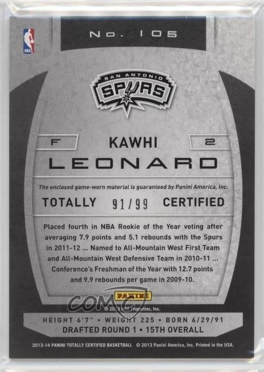 2013-14 Totally Certified Memorabilia Totally Red /99 Kawhi Leonard #105 - Image 2 of 2