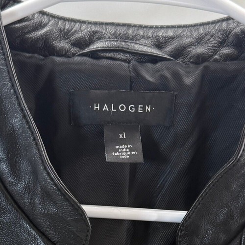 Halogen 100% Leather Jacket Moto Black Full Zip Ribbed Detail Women's Size XL - Picture 6 of 11
