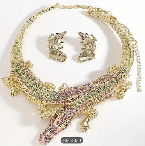 Crocodile Earrings and Necklace/3pcs Rhinestone Crocodile Necklace