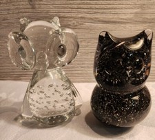 Vintage Clear Art Glass Bubble Owl Plus Murano Speckled Black Owl, Hand Blown