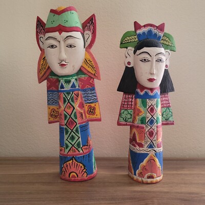 Hand Painted Carved Indonesia Elders Ornaments  12in Pair