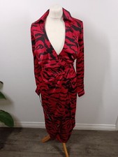 AX Paris Size 8 Red Black Satin Animal Print Wrap Midi Dress BNWT Long Sleeved