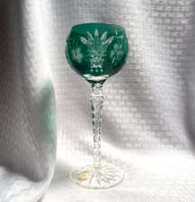 AJKA MARTISA WINE GLASS EMERALD GREEN CUT TO CLEAR CRYSTAL HUNGARY BOHEMIAN TAG