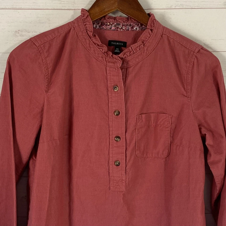 Blusa Talbots Mujer Pana Manga Larga Popover XS Rosa Algodón 1/2 Botón Foto 2 de 4