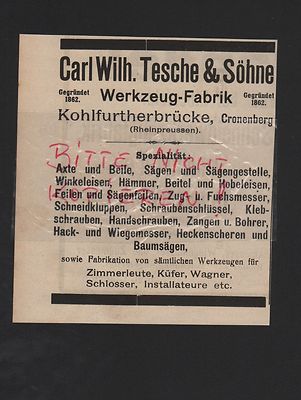 KOHLFURTHERBRÜCKE-CRONENBERG, Werbung 1909, Carl Wilh. Tesche & Söhne Werkzeug