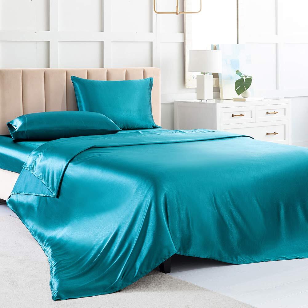 Satin Bed Sheets Full Size Sheet Sets, Teal Silk Sheets, 4 - Pieces Soft Bedd...-image